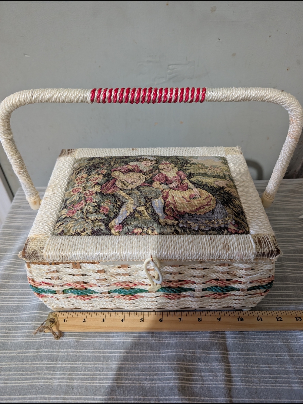 Vintage Mid-Century Tapestry Woven Sewing Basket | Pastoral Romance Scene